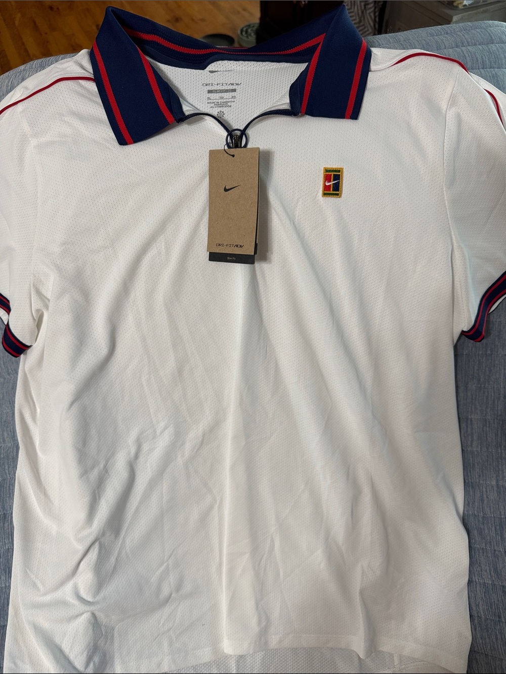 Nike White Polo with Navy Collar and Red Trim